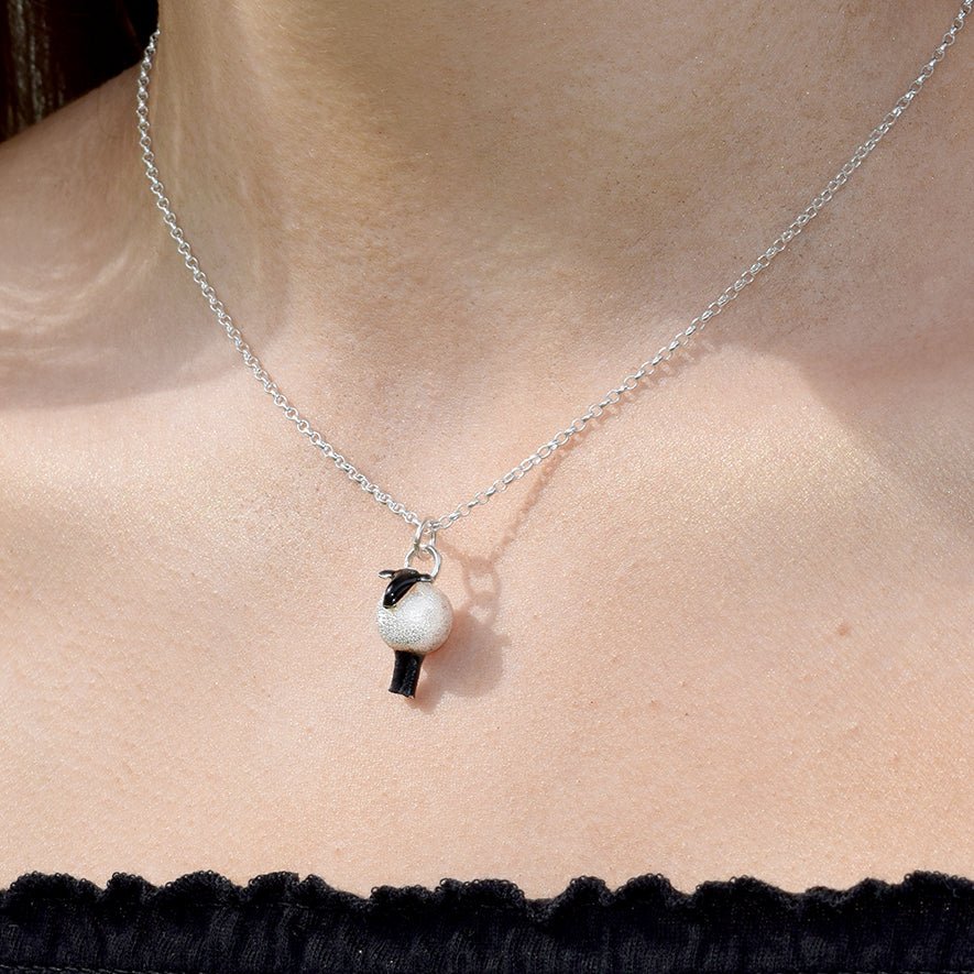 silver sheep necklace on model, sheep jewellery, silver sheep present