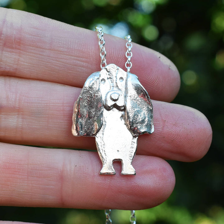 silver dog necklace, silver Basset Hound necklace, silver Basset Hound jewellery, silver dog jewellery, bloodhound necklace, gift for Basset Hound owner