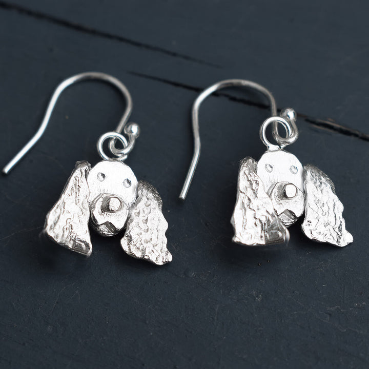 cocker spaniel earrings, dangly cocker spaniel earrings, silver dog earrings, cocker spaniel jewellery, cocker spaniel gift for woman, quality cocker spaniel gift, cocker spaniel birthday present, cocker spaniel present for wife