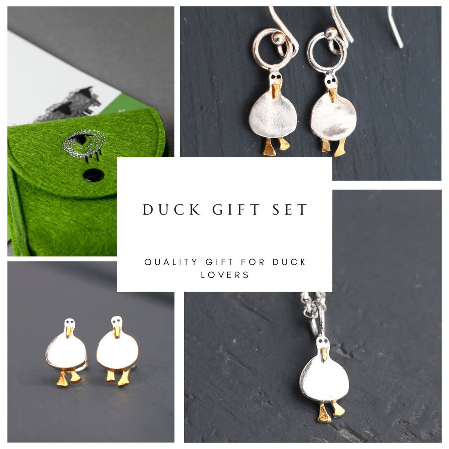 duck gift set, duck jewellery, duck gift for woman, duck jewellery set, duck earrings, silver duck earrings, duck necklace, silver duck necklace, nature jewellery, gift for animal lover