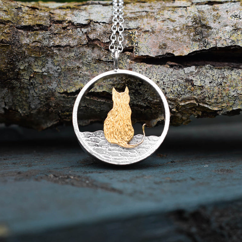 gold cat necklace, gold and silver cat necklace, gold cat pendant, gold cat jewellery, silver cat jewellery, gold cat gift, silver cat present, cat jewellery, cat gift for wife, cat birthday present, cat memorial jewellery