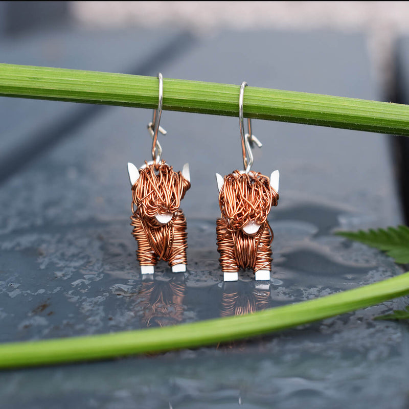 highland cow earrings, highland cow drop earrings, cow drop earrings, copper cow earrings, highland cow jewellery, highland cow present for her, scottish earrings, scottish cow