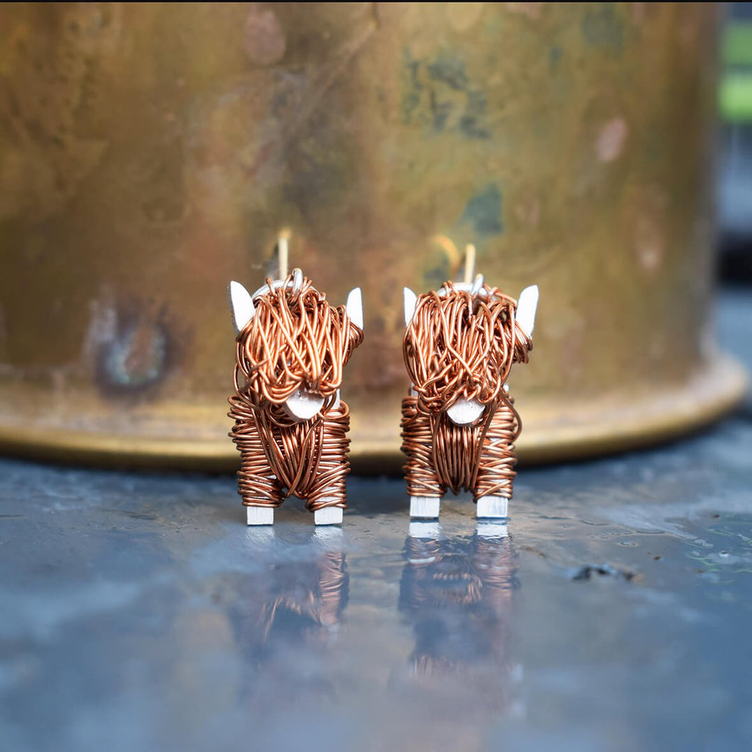 highland cow earrings, highland cow drop earrings, cow drop earrings, copper cow earrings, highland cow jewellery, highland cow present for her, scottish earrings, scottish cow