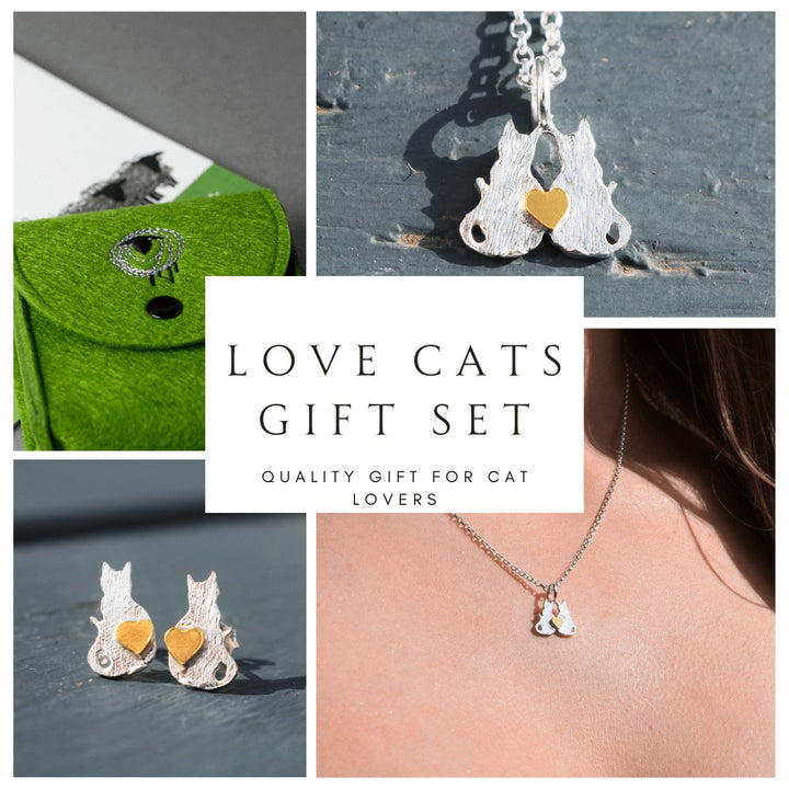 cat gift set, cat jewellery set, silver cat necklace, silver cat earrings, cat jewellery with heart, cat jewellery, cat gift for woman