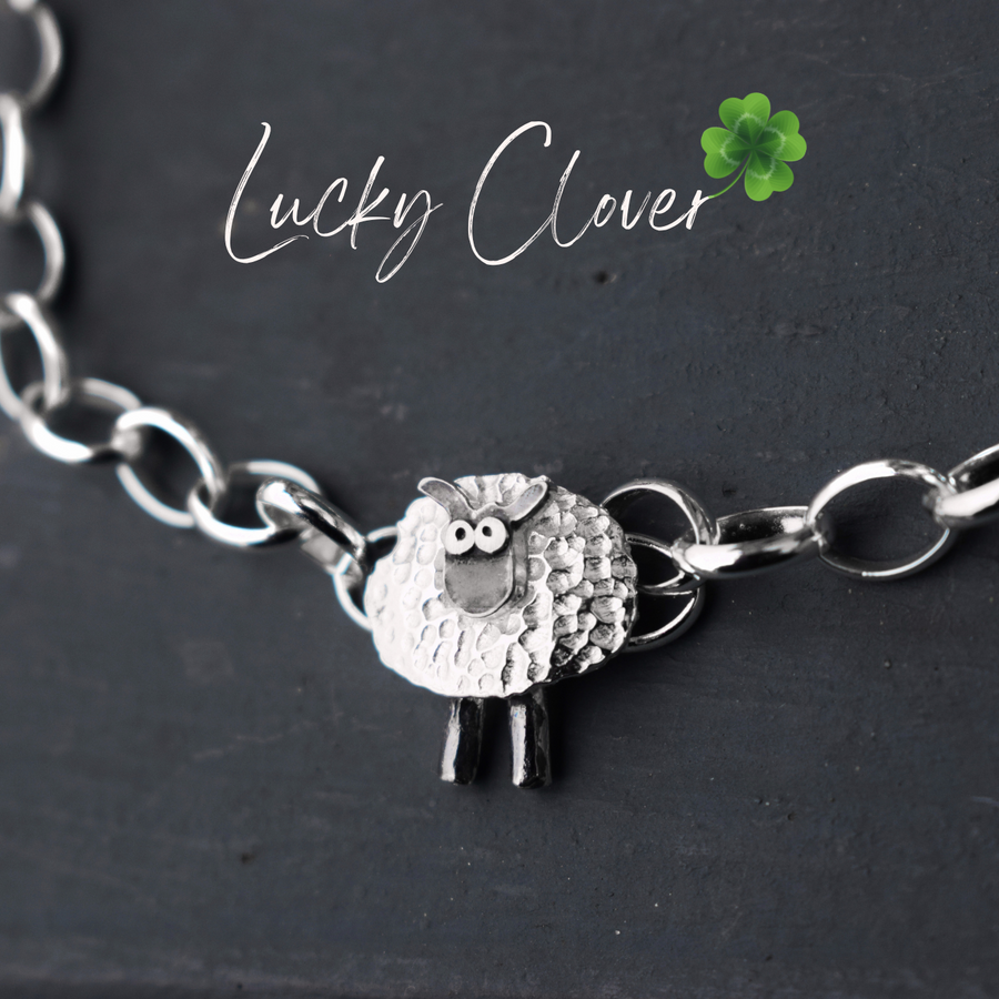 lucky clover sheep bracelet, silver irish bracelet, silver sheep bracelet, lucky charm bracelet, silver irish jewellery, sheep bracelet