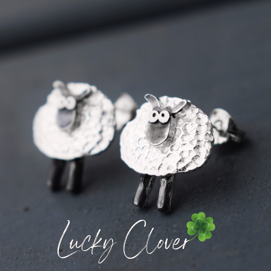 silver sheep earrings, lucky clover sheep stud earrings, irish sheep earrings, silver irish earrings, lucky charm earrings, lucky silver earrings