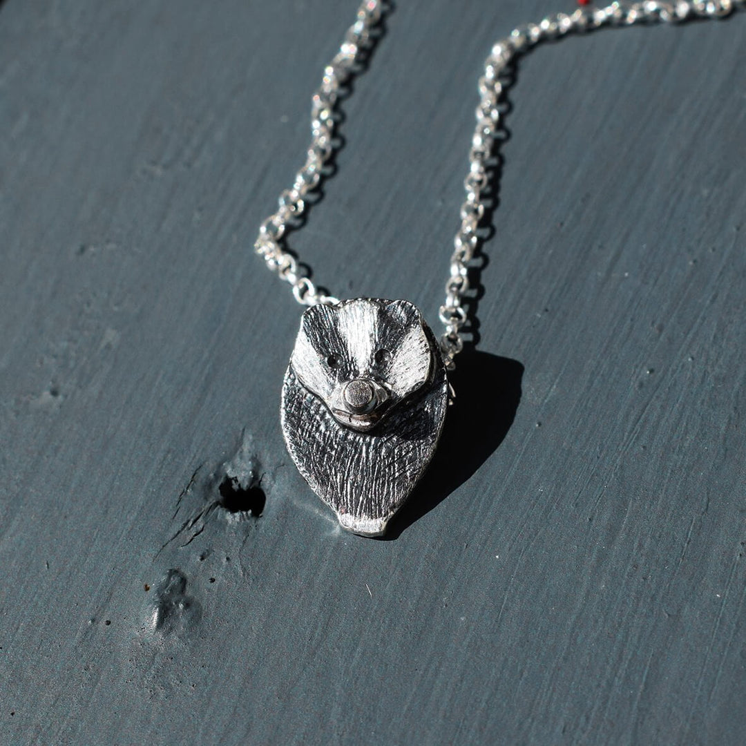 silver badger necklace, badger necklace, silver badger jewellery, badger pendant, gift for badger lover, badger gift for woman, silver wildlife jewellery