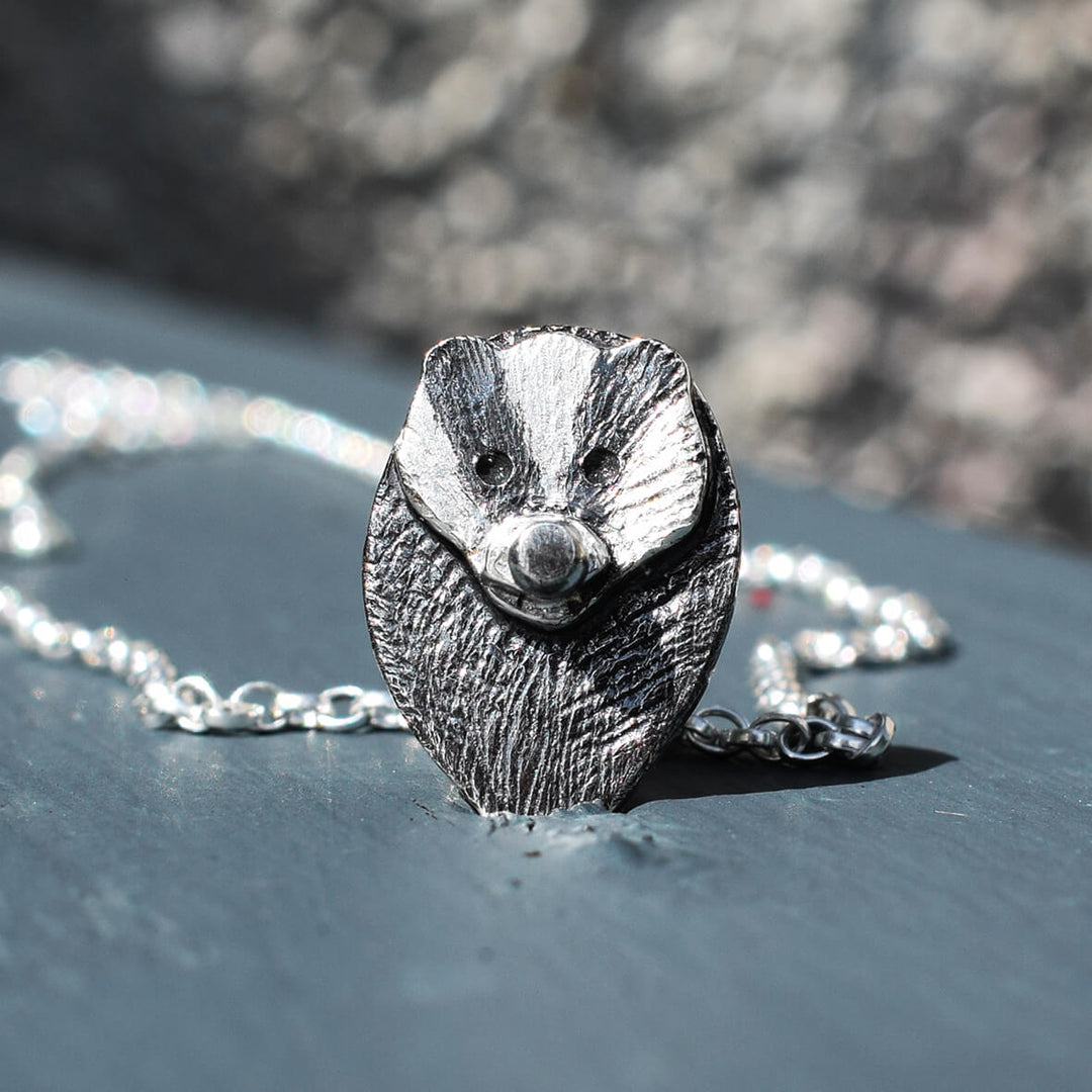 silver badger necklace, badger necklace, silver badger jewellery, badger pendant, gift for badger lover, badger gift for woman, silver wildlife jewellery