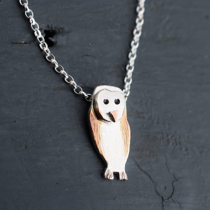 barn owl necklace, silver owl necklace, barn owl gift for woman, silver owl jewellery, british owl gift