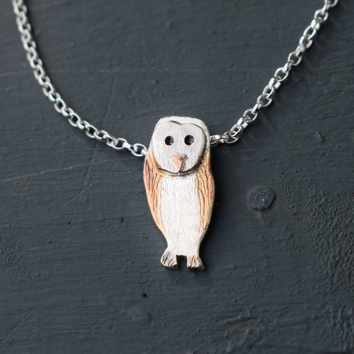 barn owl necklace, silver owl necklace, barn owl gift for woman, silver owl jewellery, british owl gift