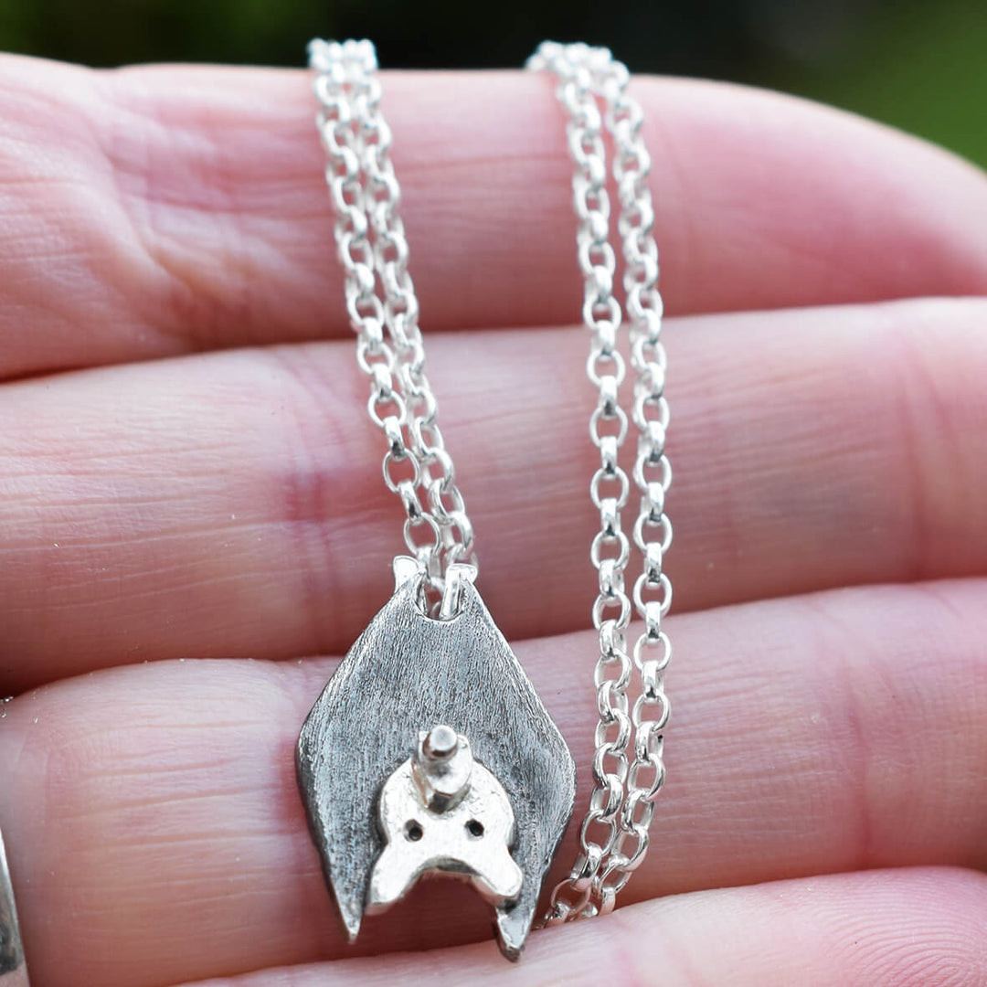 silver bat necklace, silver bat jewellery, pipistrelle bat gift, british bat present, wildlife jewellery