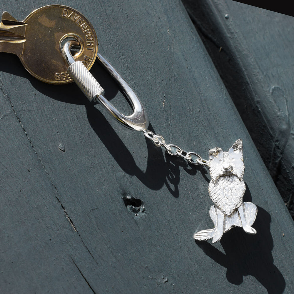 silver border collie keyring, silver dog keyring, collie kering, collie gift for man, collie present for him