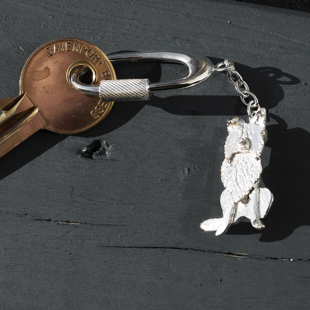 silver border collie keyring, silver dog keyring, collie kering, collie gift for man, collie present for him