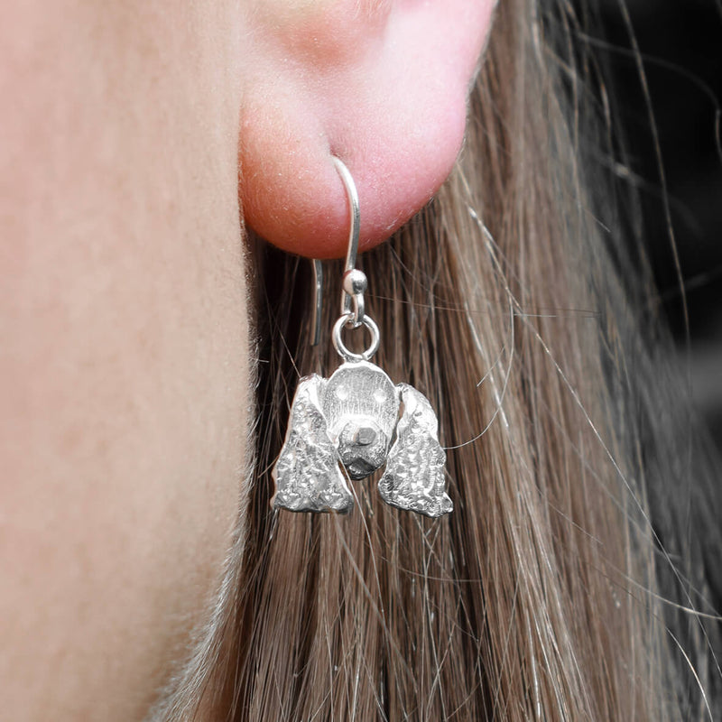 cocker spaniel earrings, dangly cocker spaniel earrings, silver dog earrings, cocker spaniel jewellery, cocker spaniel gift for woman, quality cocker spaniel gift, cocker spaniel birthday present, cocker spaniel present for wife