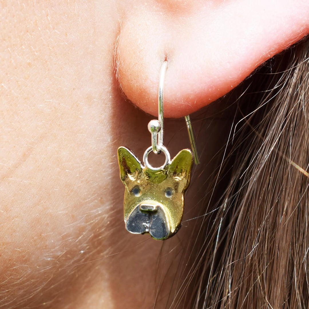 gold french bulldog earrings, French Bulldog earrings, frenchie earrings, silver dog earrings, dog dangly earrings, dog drop earrings, French Bulldog present, French Bulldog jewellery, French Bulldog gift for woman, quality French Bulldog gift