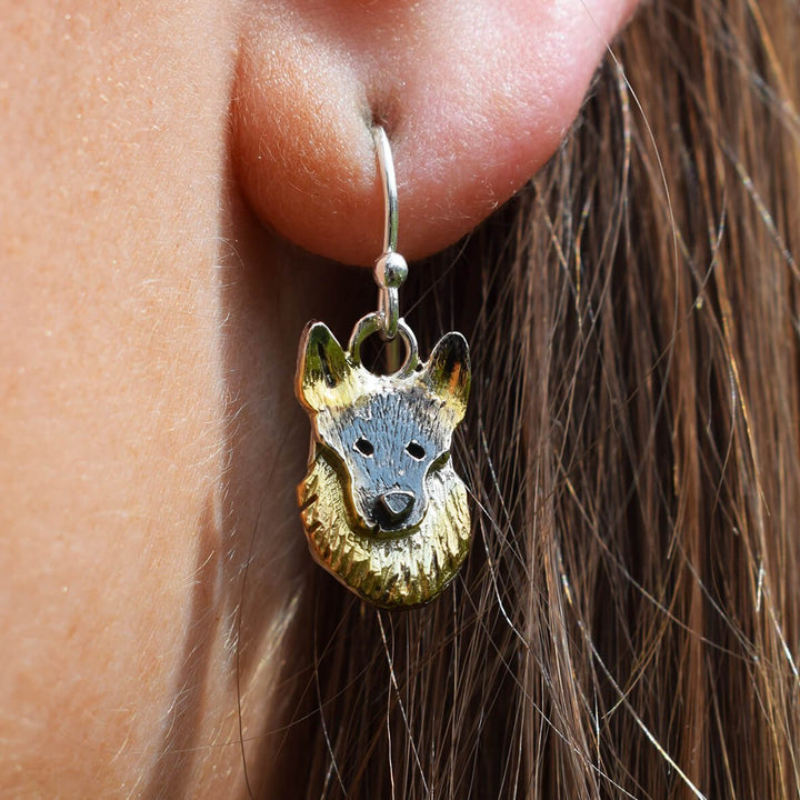 gold german shepherd earrings, german shepherd earrings, alsatian earrings, dangly dog earrings, silver dog earrings, gift for german shepherd owner, german shepherd jewellery