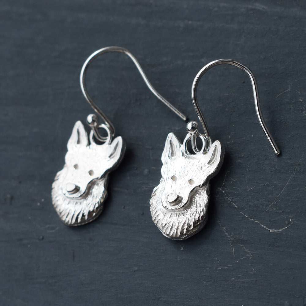 german shepherd earrings, alsatian earrings, dangly dog earrings, silver dog earrings, gift for german shepherd owner, german shepherd jewellery