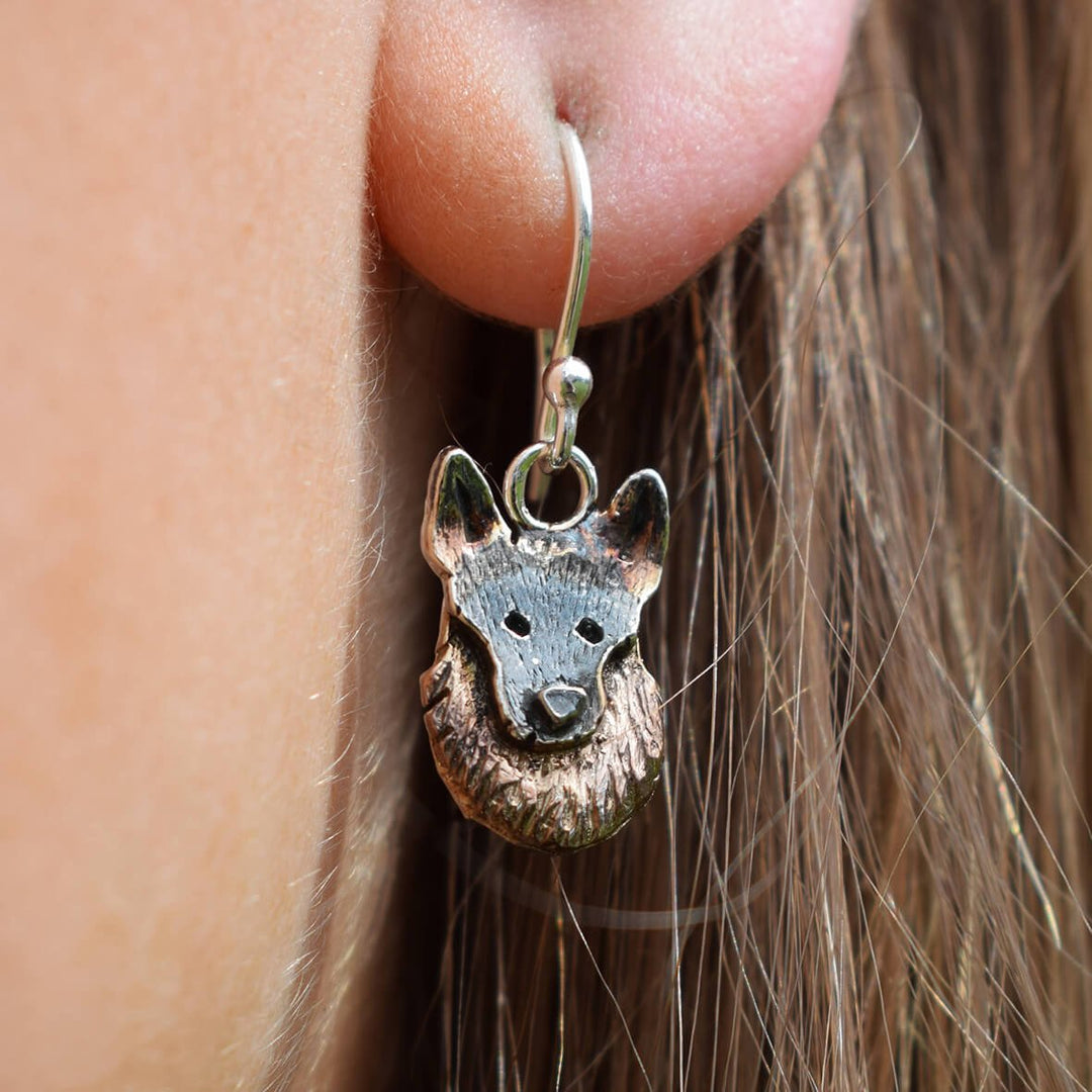 rose gold german shepherd earrings, german shepherd earrings, alsatian earrings, dangly dog earrings, silver dog earrings, gift for german shepherd owner, german shepherd jewellery