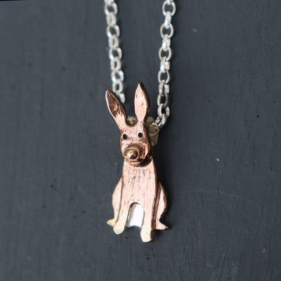 silver hare necklace, hare pendant, hare necklace, hare jewellery, wildlife necklace, uk wildlife gift for woman, uk wildlife jewellery, rose gold hare necklace