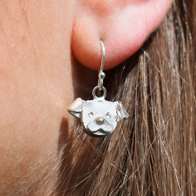 pug dog earrings, pug drop earrings, silver pug earrings, silver dog earrings, dog dangly earrings, pug gift for woman, silver dog jewellery, dog jewellery for humans