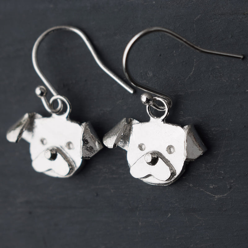 pug dog earrings, pug drop earrings, silver pug earrings, silver dog earrings, dog dangly earrings, pug gift for woman, silver dog jewellery, dog jewellery for humans