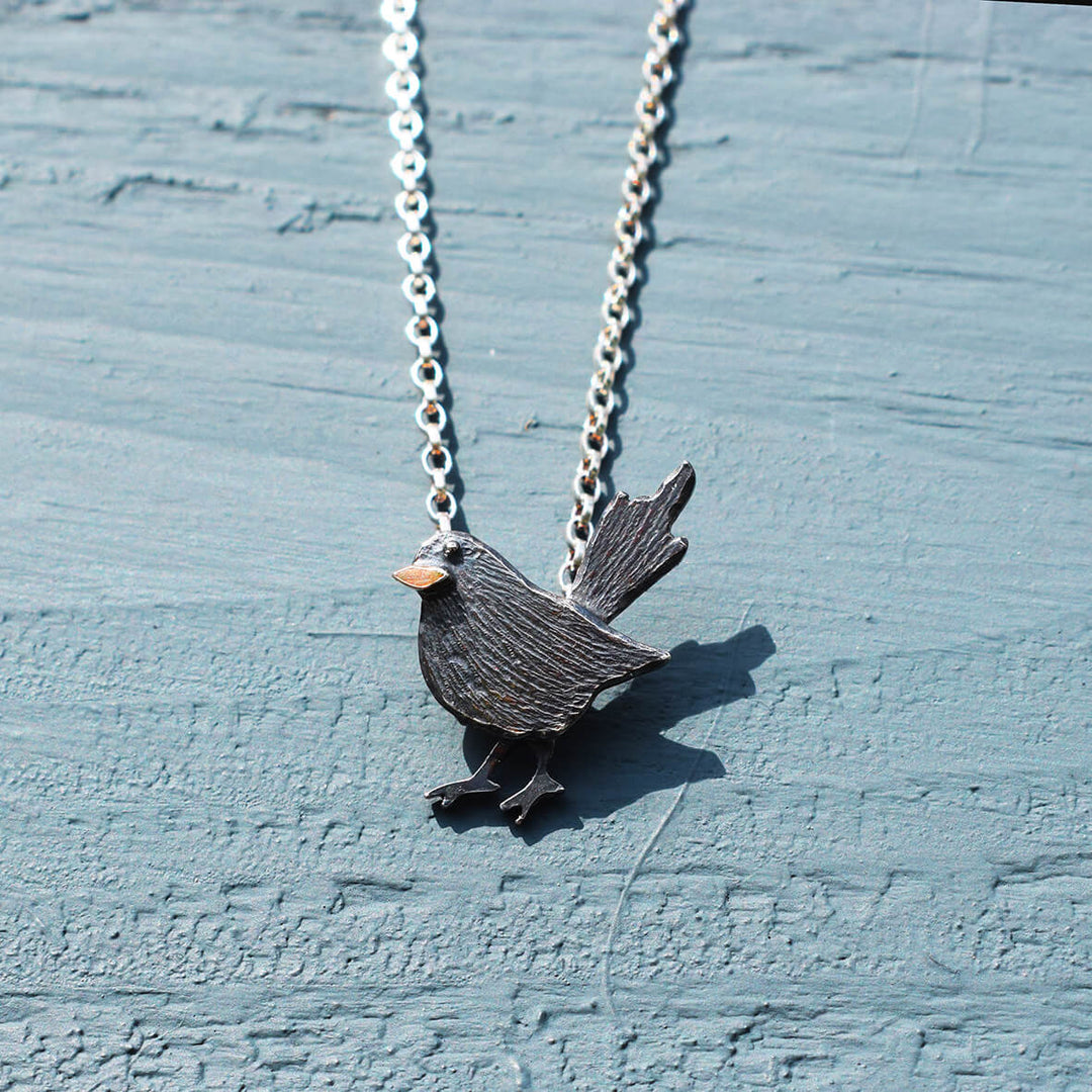 Blackbird necklace, silver bird necklace, blackbird pendant, blackbird jewellery, british bird jewellery, wildlife jewellery