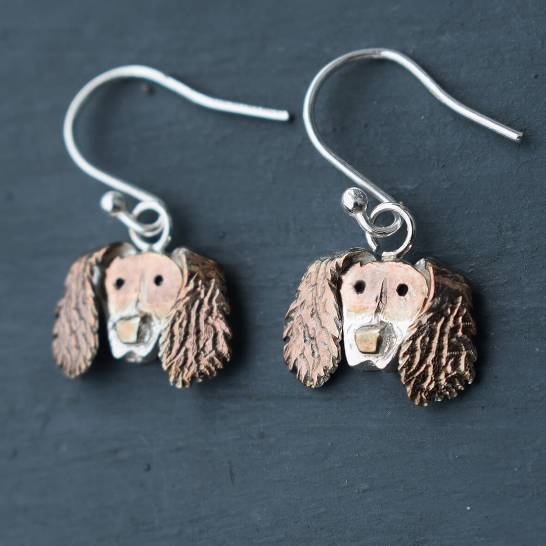 springer spaniel earrings, silver dog earrings, dangly dog earrings, drop dog earrings, spaniel gift for woman, spaniel jewellery, silver dog jewellery, liver springer spaniel earrings, liver spaniel jewellery