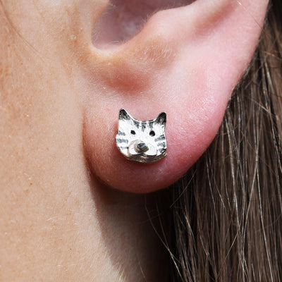 Silver Cat Stud Earrings