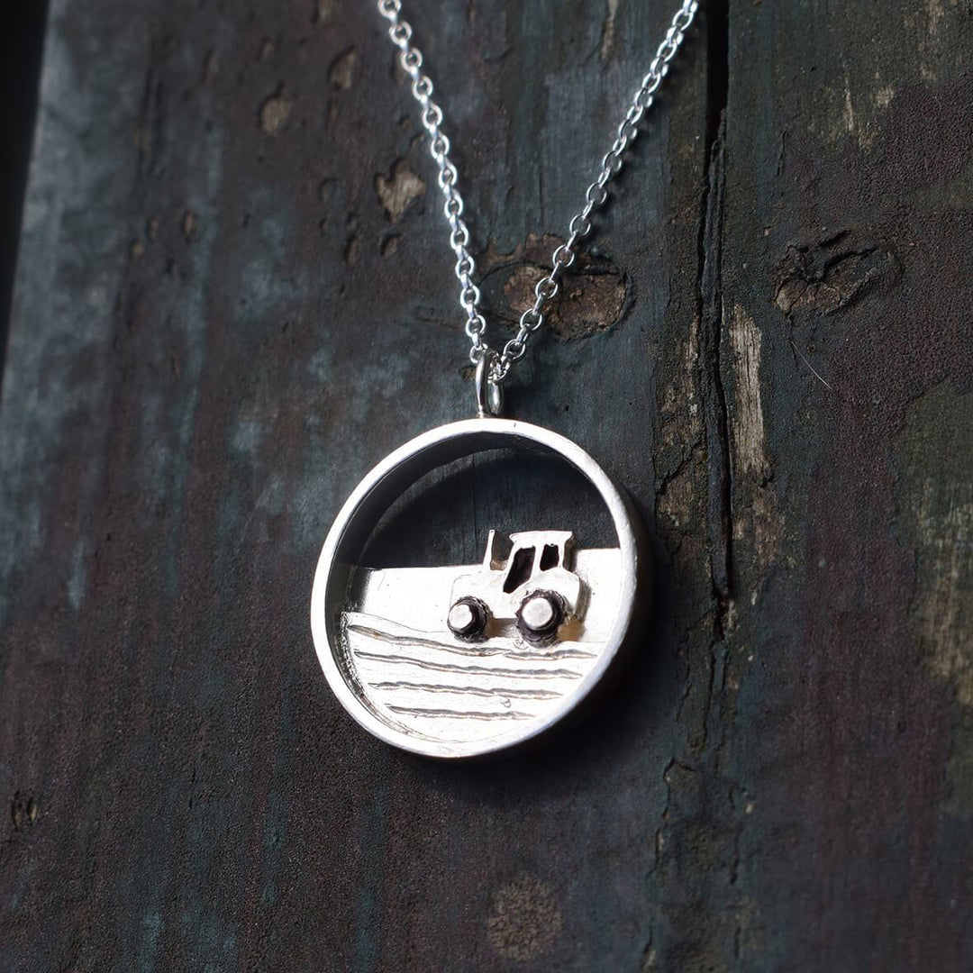 farm necklace, tractor necklace, silver tractor jewellery, farm jewellery, silver farm gifts