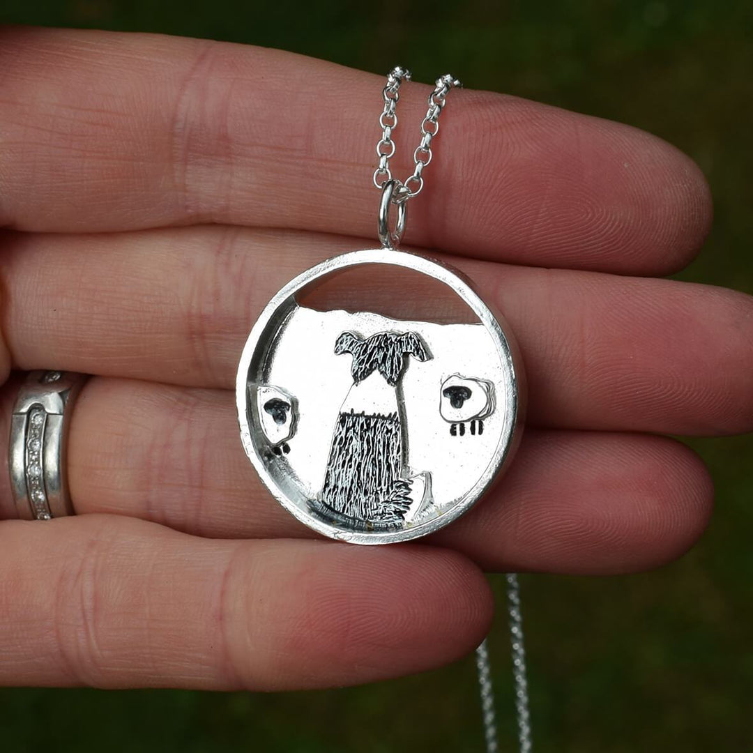 round sheepdog necklace, round border collie necklace, sheepdog necklace, border collie necklace, sheepdog pendant, silver sheepdog jewellery, dog jewellery, working dog jewellery, shepherdess gift, farmers wife present